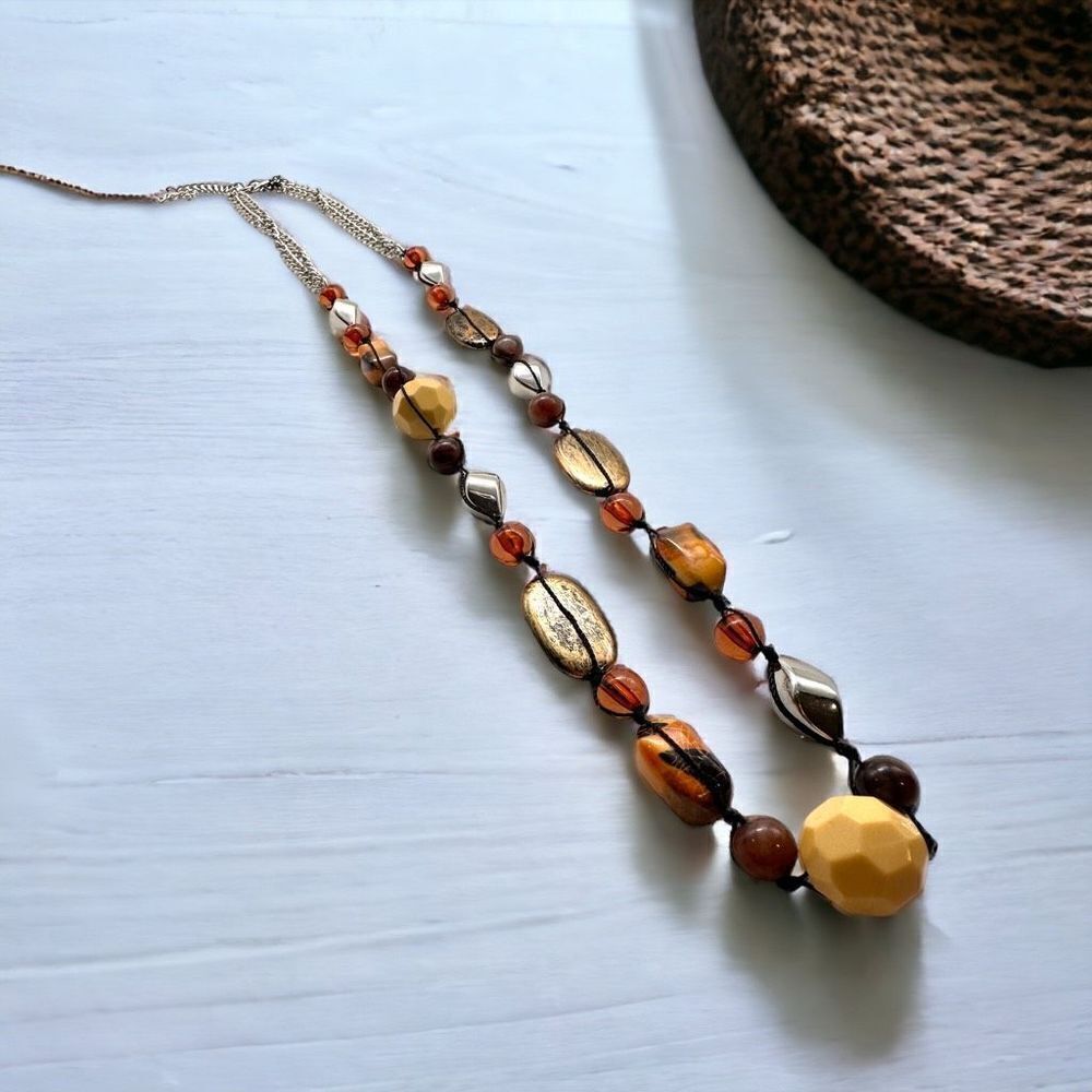 Chico’s neutral brown black gray beaded long career office necklace Africa vibes